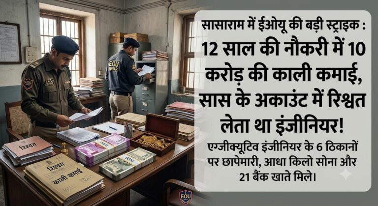 BIHAR : सासाराम में ईओयू की बड़ी स्ट्राइक : 12 साल की नौकरी में 10 करोड़ की काली कमाई, सास के अकाउंट में रिश्वत लेता था इंजीनियर!