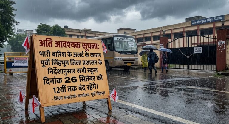 पूर्वी सिंहभूम: भारी बारिश के अलर्ट के कारण 26 सितंबर को 12वीं तक के सभी स्कूल बंद